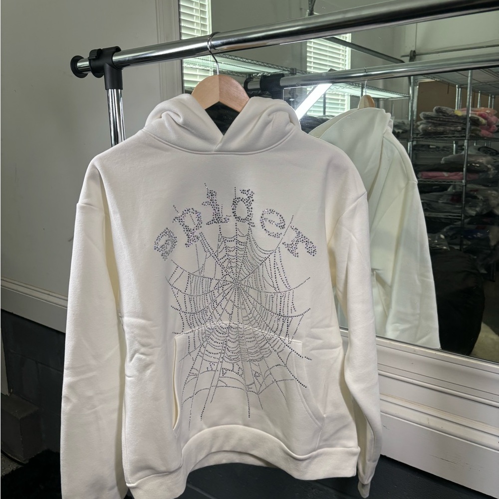 White OG rhinestone Pullover Sweatshirt with Graphic Design